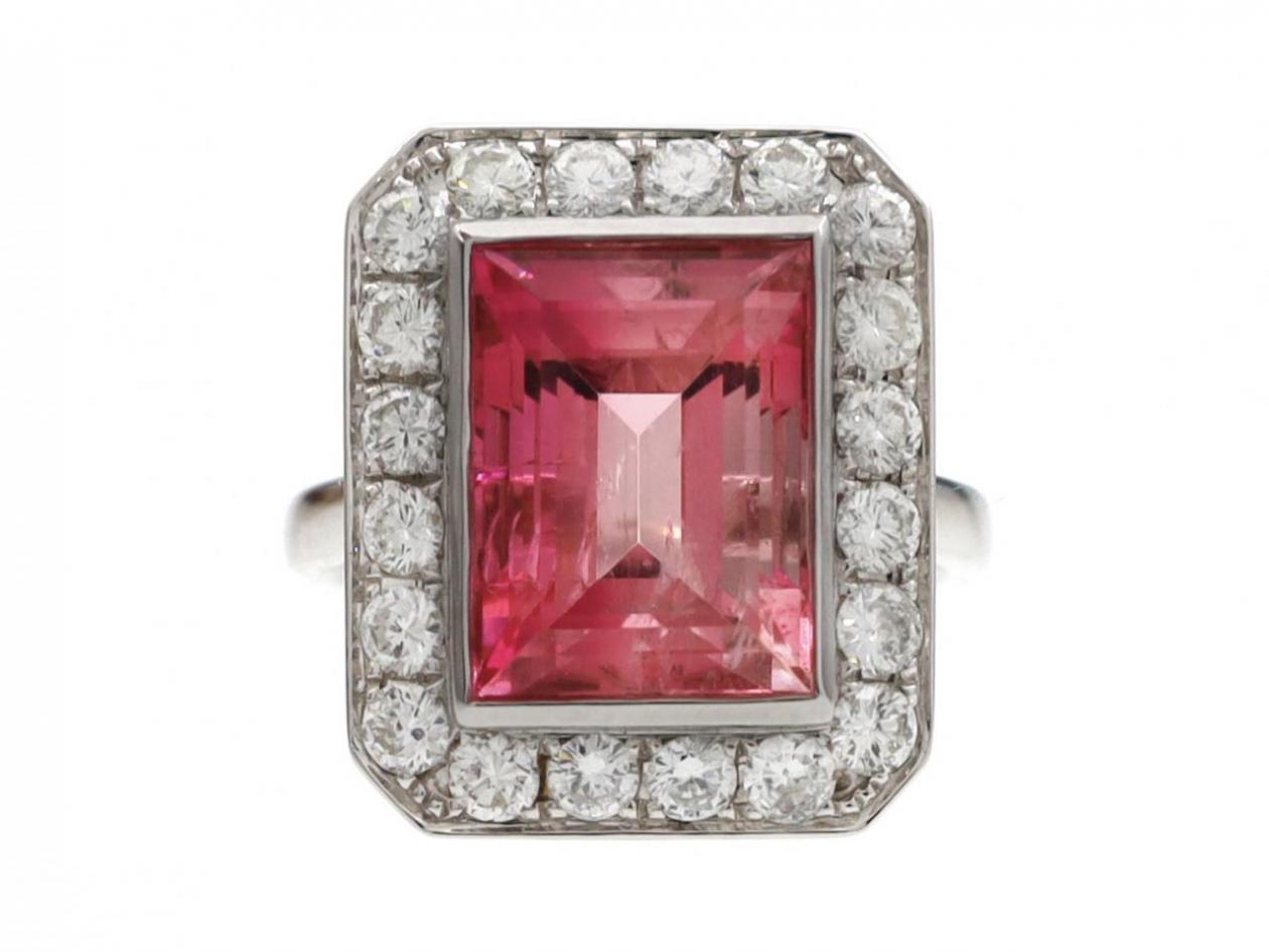 Vintage orangey pink tourmaline and diamond rectangular cluster ring