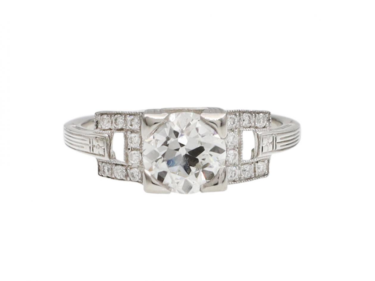 Art Deco 0.95ct diamond solitaire ring with geometric shoulders