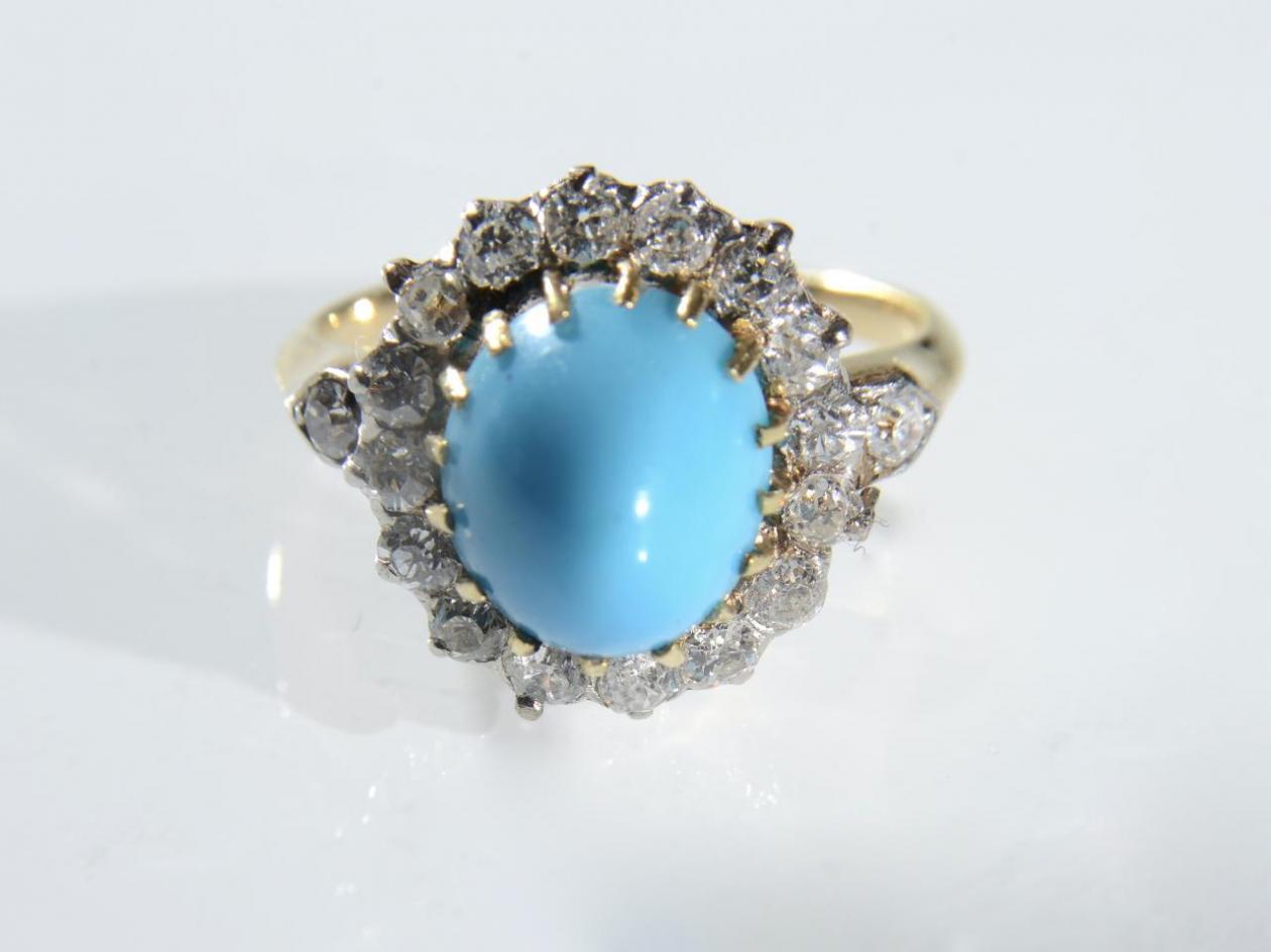 1930s Turquoise & Diamond Coronet Cluster Ring in 18kt Yellow Gold