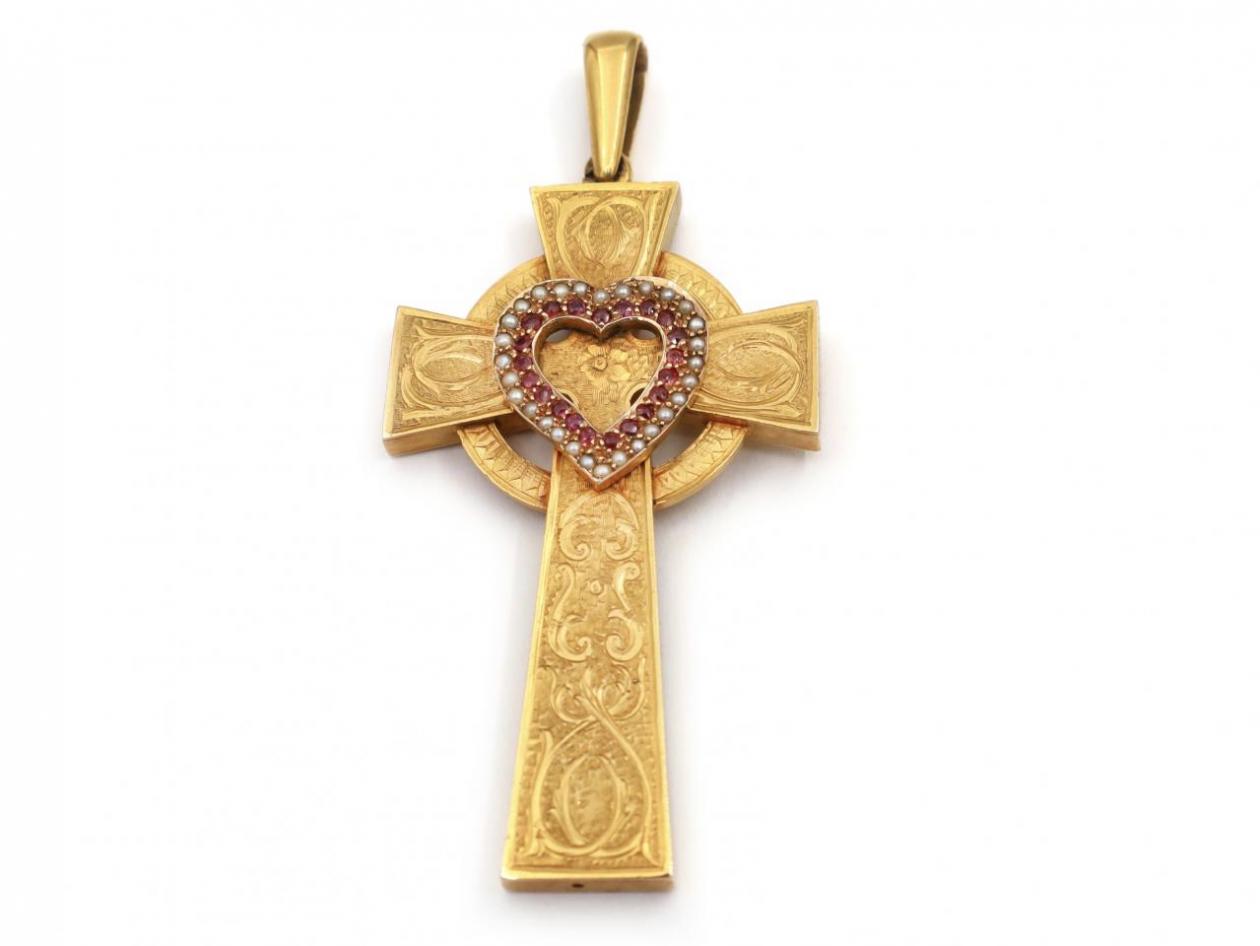 Antique Celtic cross with ruby and pearl heart in yellow gold
