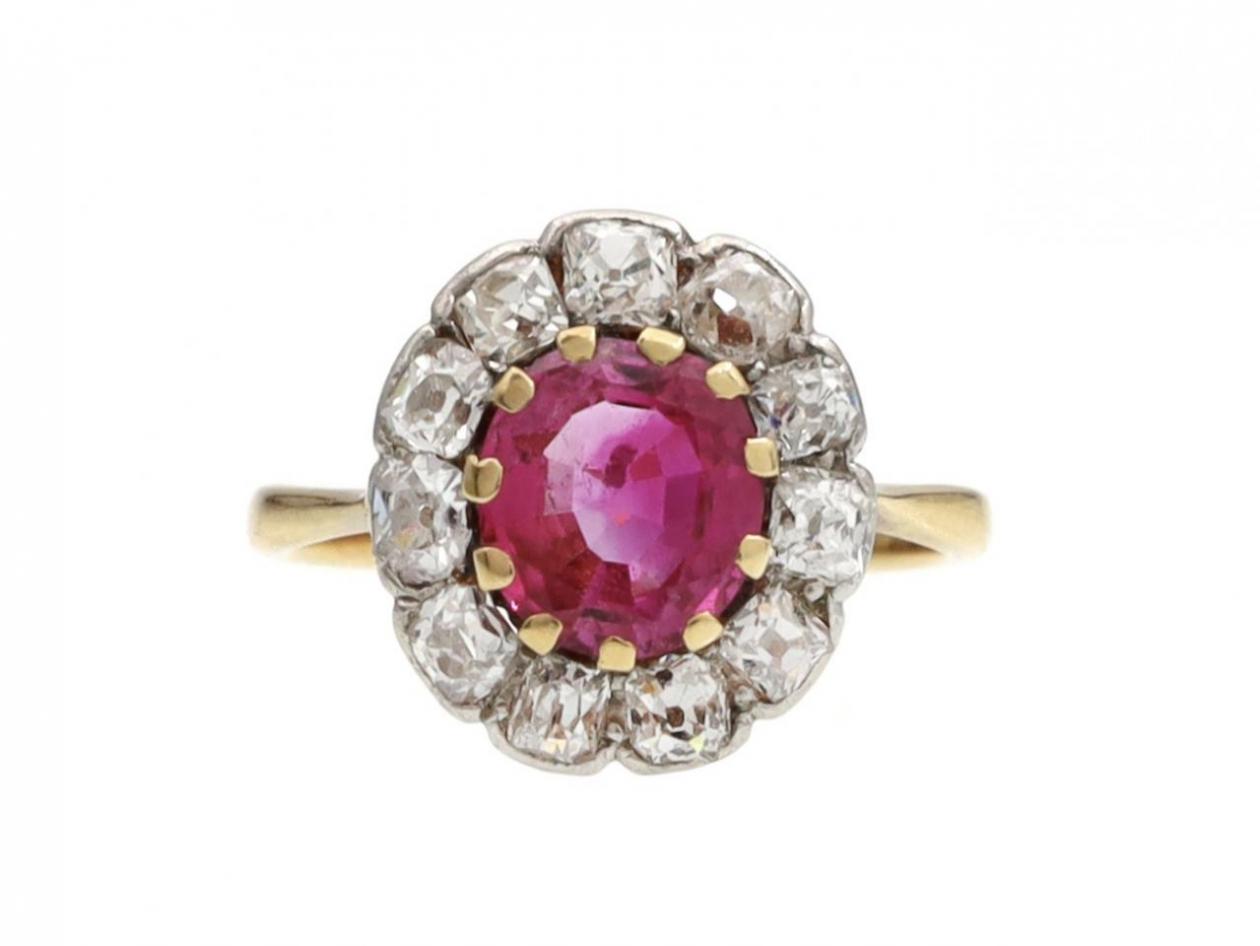 Antique pink sapphire and diamond floral cluster ring in 18kt yellow gold