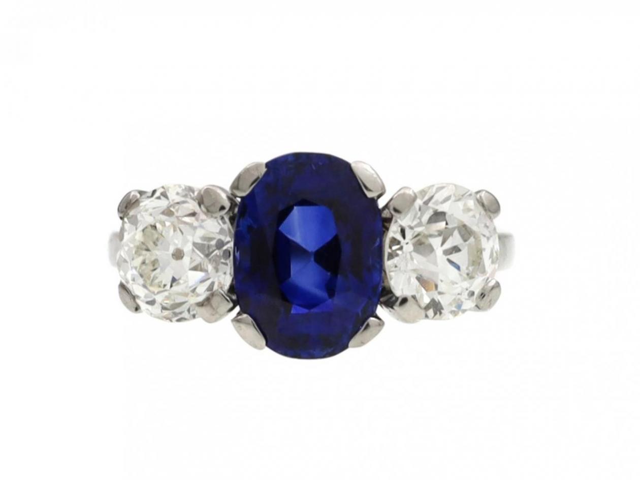 Vintage 2.80ct No Heat Sapphire & Diamond Three Stone Ring