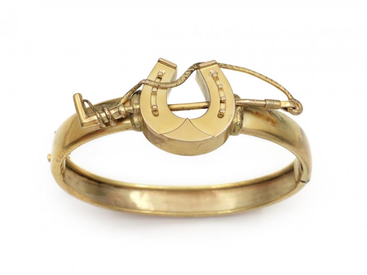 Victorian horse shoe and jockey crop hinged bangle in 15kt gold