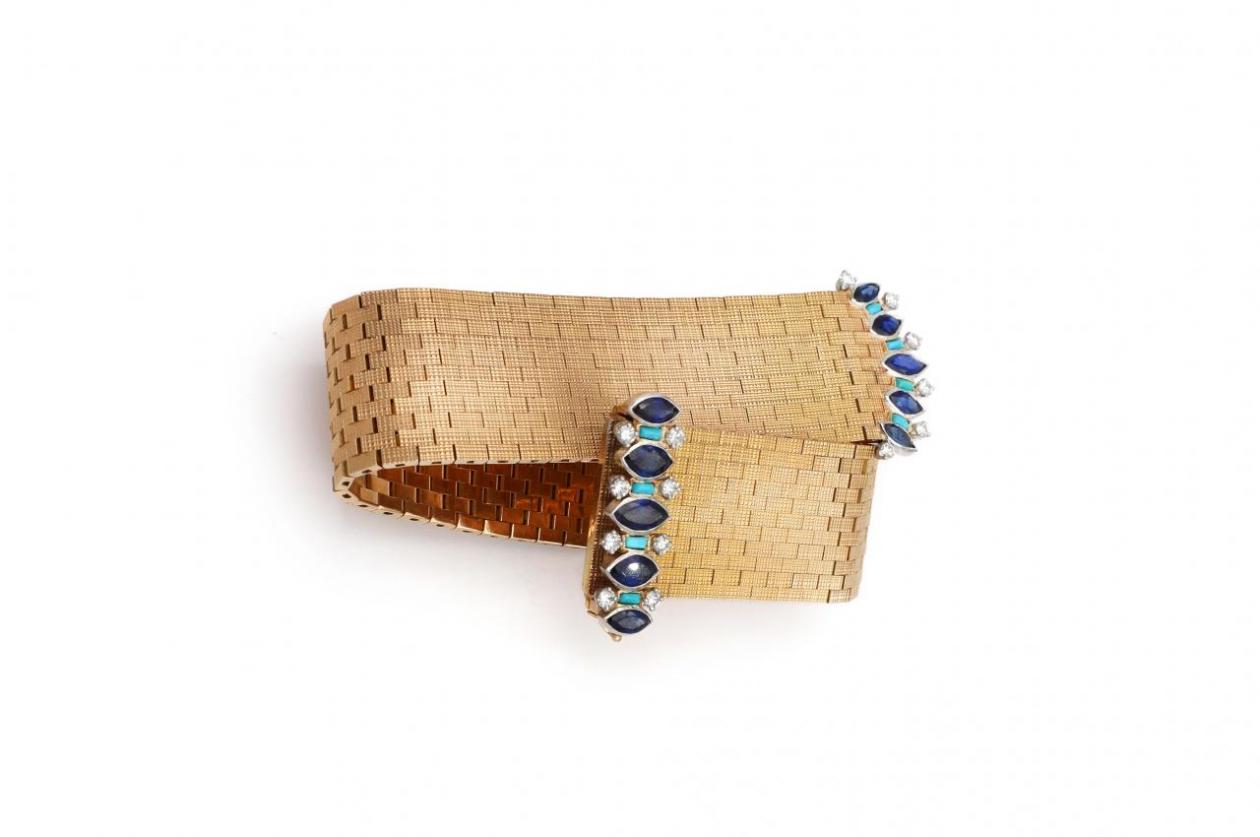 Vintage Wide Textured Brick Link Belt Bracelet with Sapphire, Diamond & Turquoise