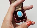 Vintage Turquoise & Diamond Oval Cluster Ring in 18kt Yellow Gold