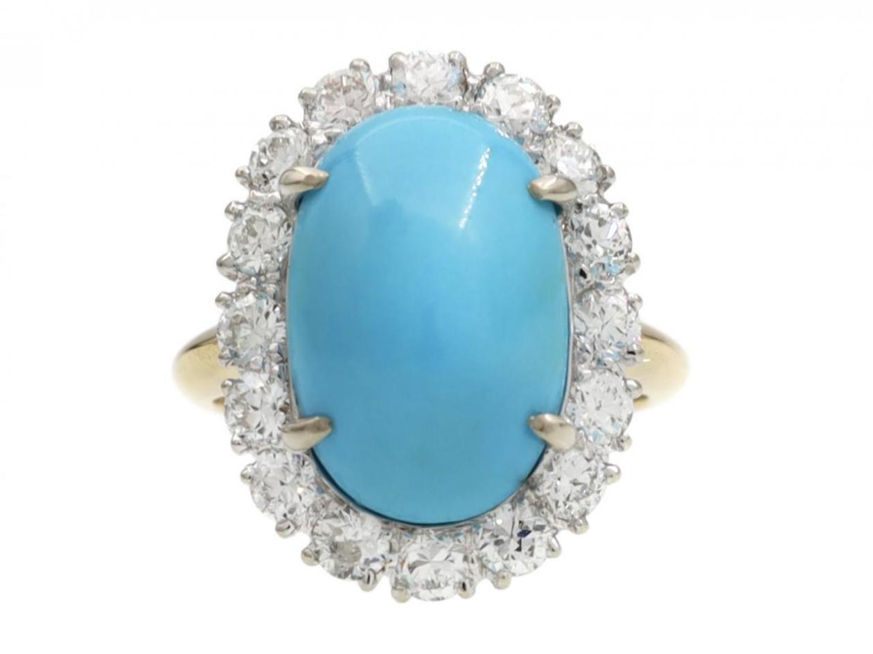 Vintage Turquoise & Diamond Oval Cluster Ring in 18kt Yellow Gold
