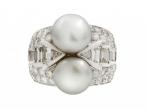 Retro double pearl and diamond cocktail ring in 18kt white gold