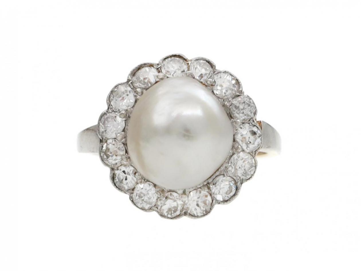 Antique Natural Pearl & Diamond Cluster Ring in Platinum & Yellow Gold