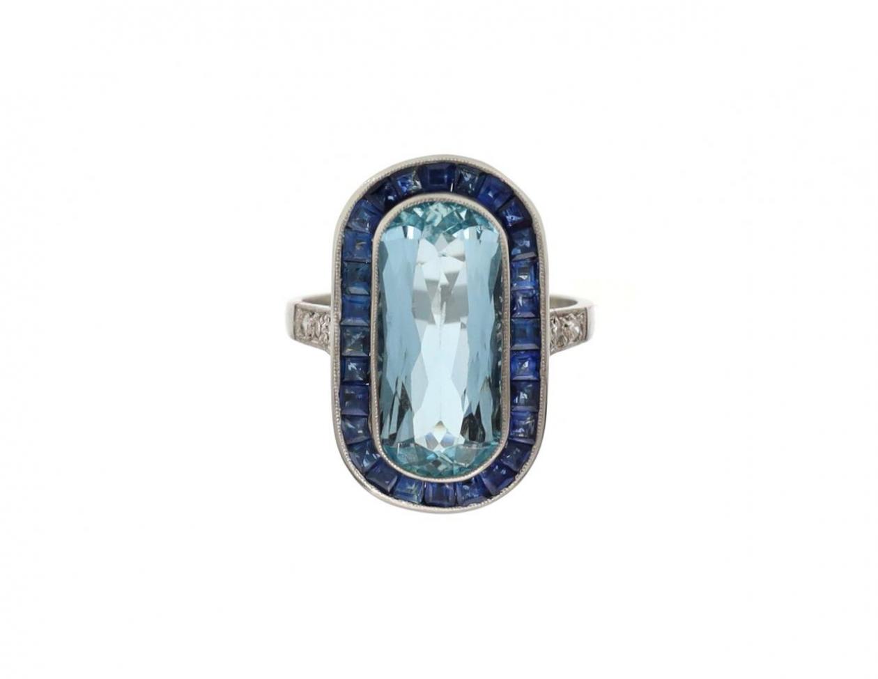 Art Deco Style Aquamarine & Sapphire Target Ring in Platinum