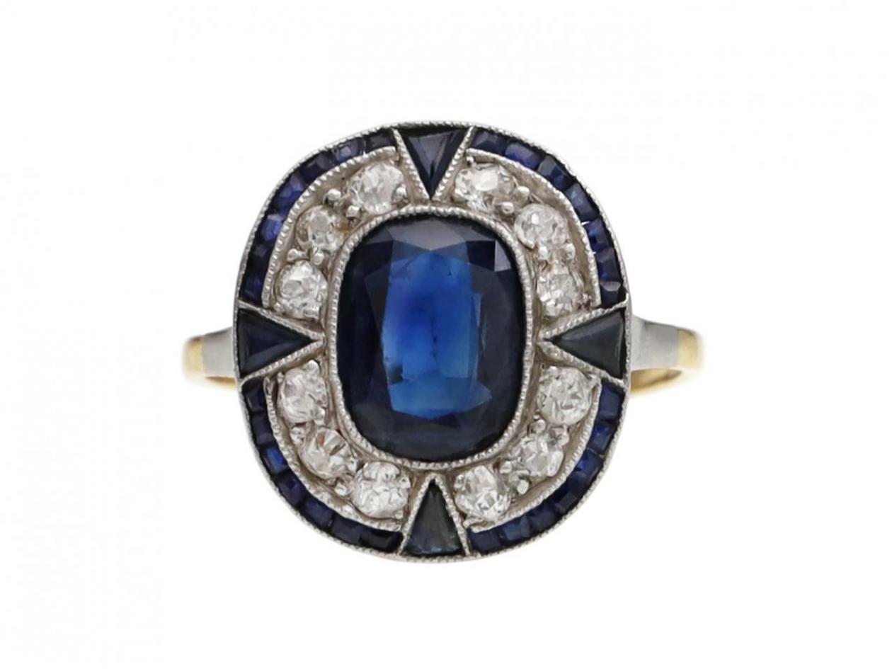 Art Deco sapphire and diamond cushion shape cluster ring
