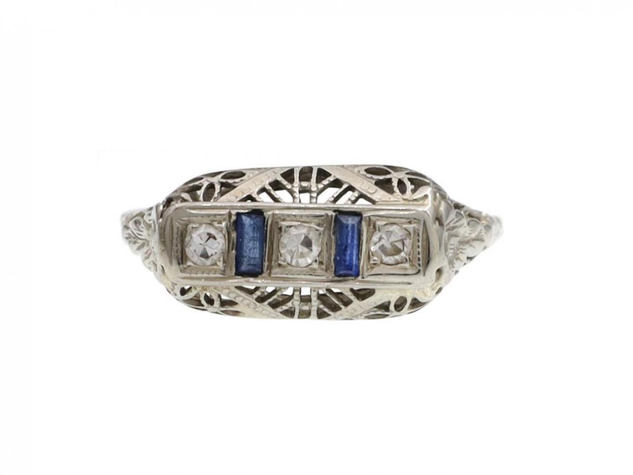 Vintage diamond and sapphire three stone ring in 18kt white gold