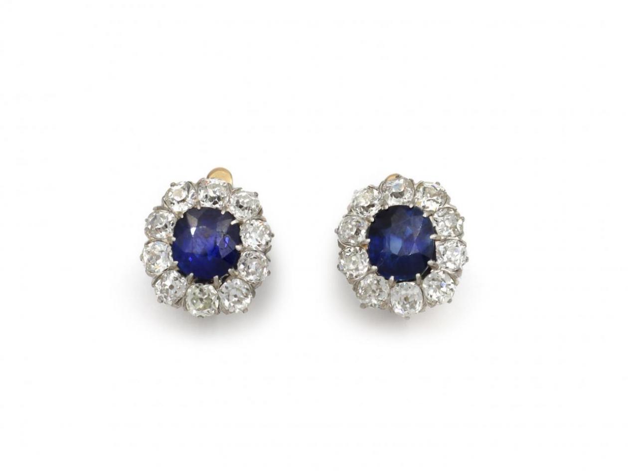 Edwardian Sapphire & Diamond Coronet Cluster Earrings in Platinum on Gold