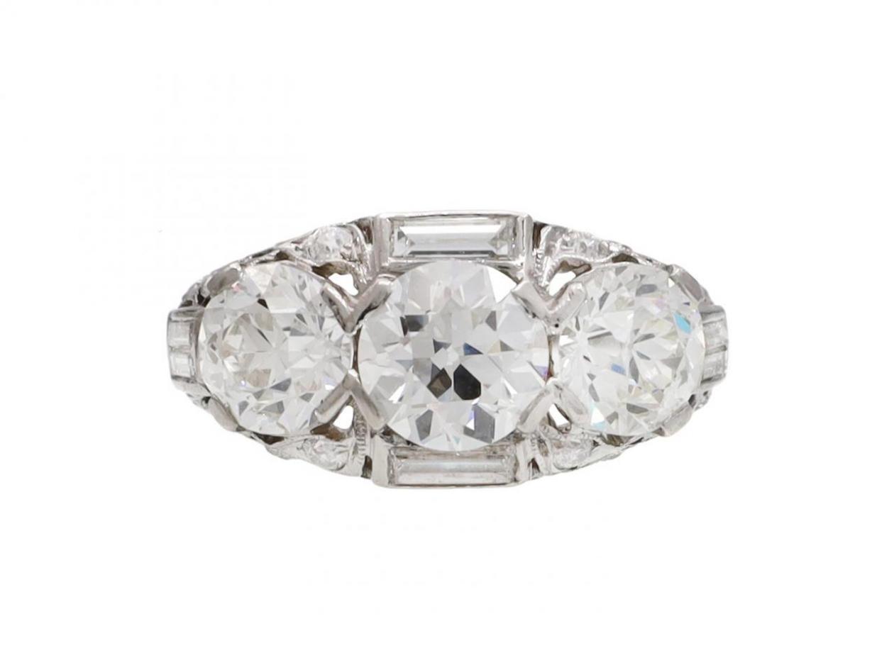 Art Deco Old European cut diamond three stone platinum ring