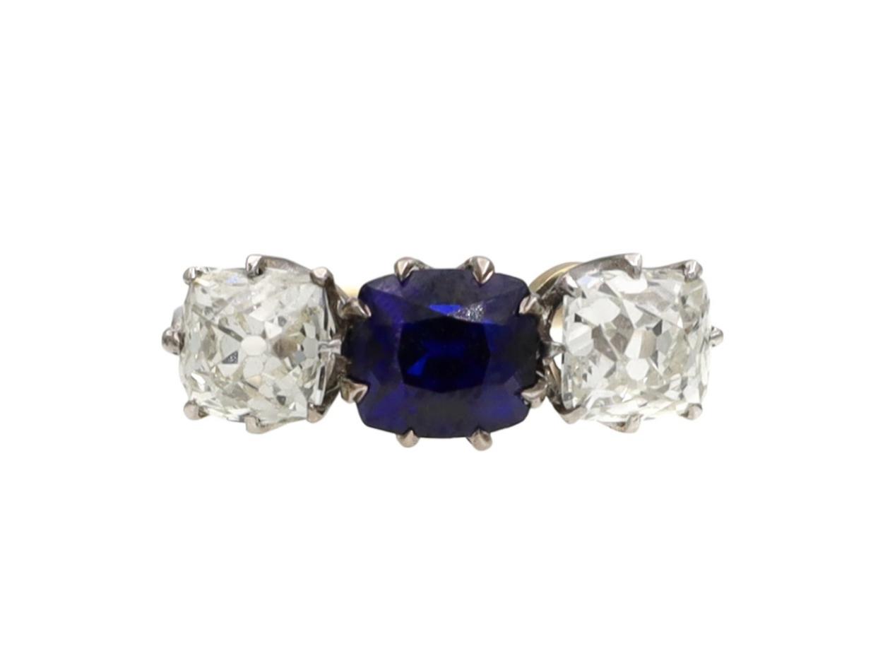 Antique sapphire and Peruzzi cut diamond three stone ring in platinum and 18kt yellow gold