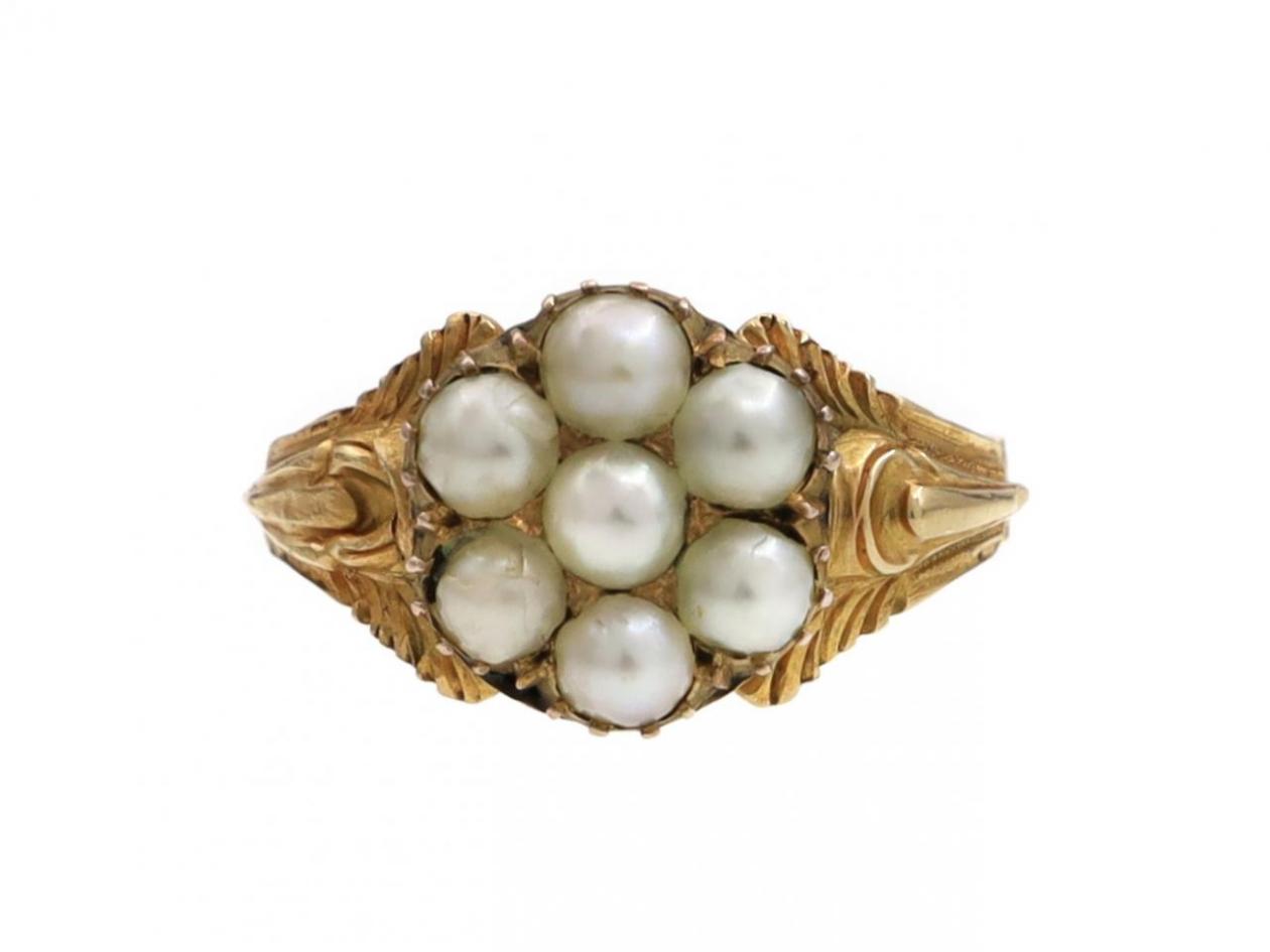 Victorian natural pearl floral cluster ring in yellow gold