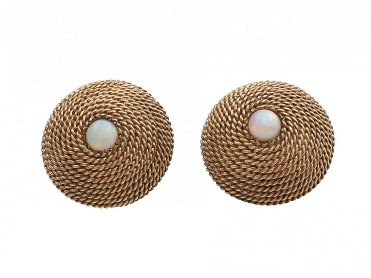 Retro Woven Conical Earrings Centred with Cabochon Opals
