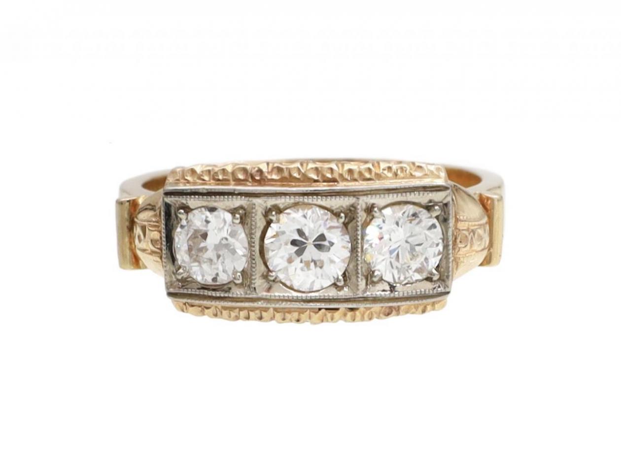 Vintage Three Stone Diamond Rectangular Plaque Ring in 18kt Yellow Gold