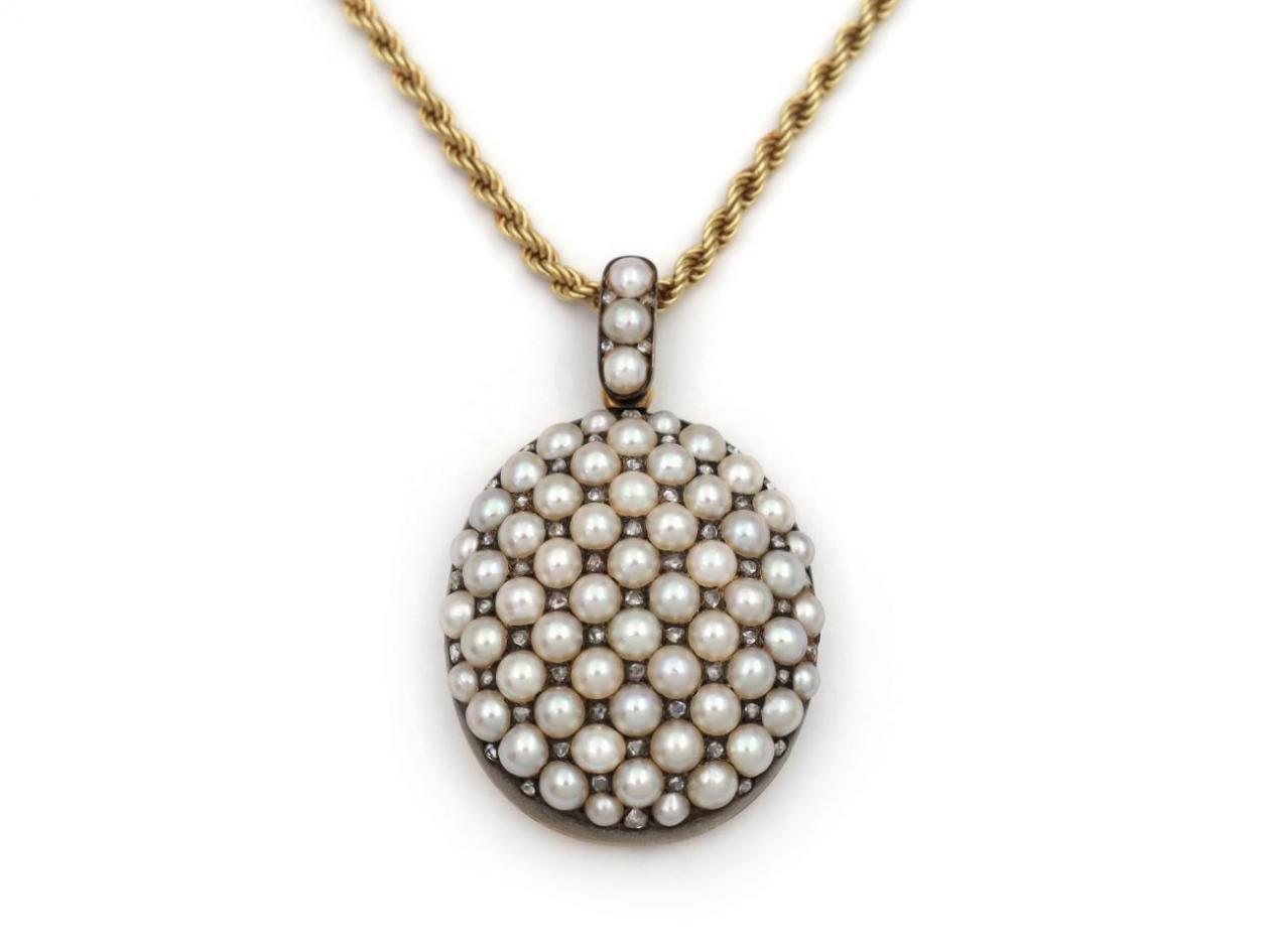 Victorian rope chain and oval locket set with natural pearls and rose cut diamonds