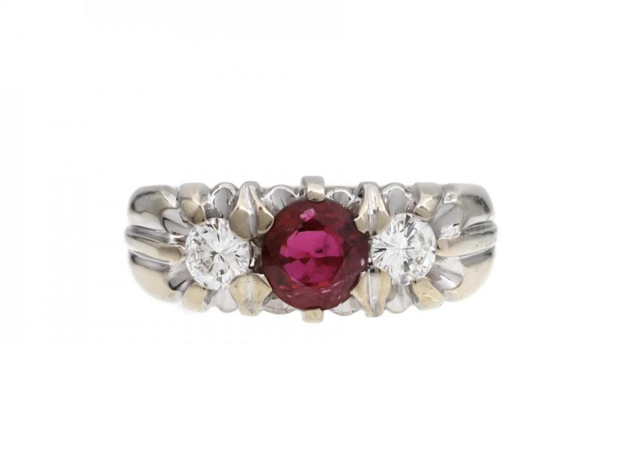 Vintage ruby and diamond three stone ring in 18kt white gold