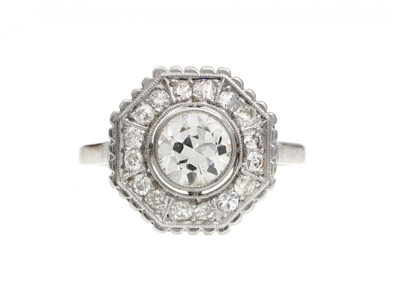 Art Deco style octagonal diamond cluster ring in 18kt white gold
