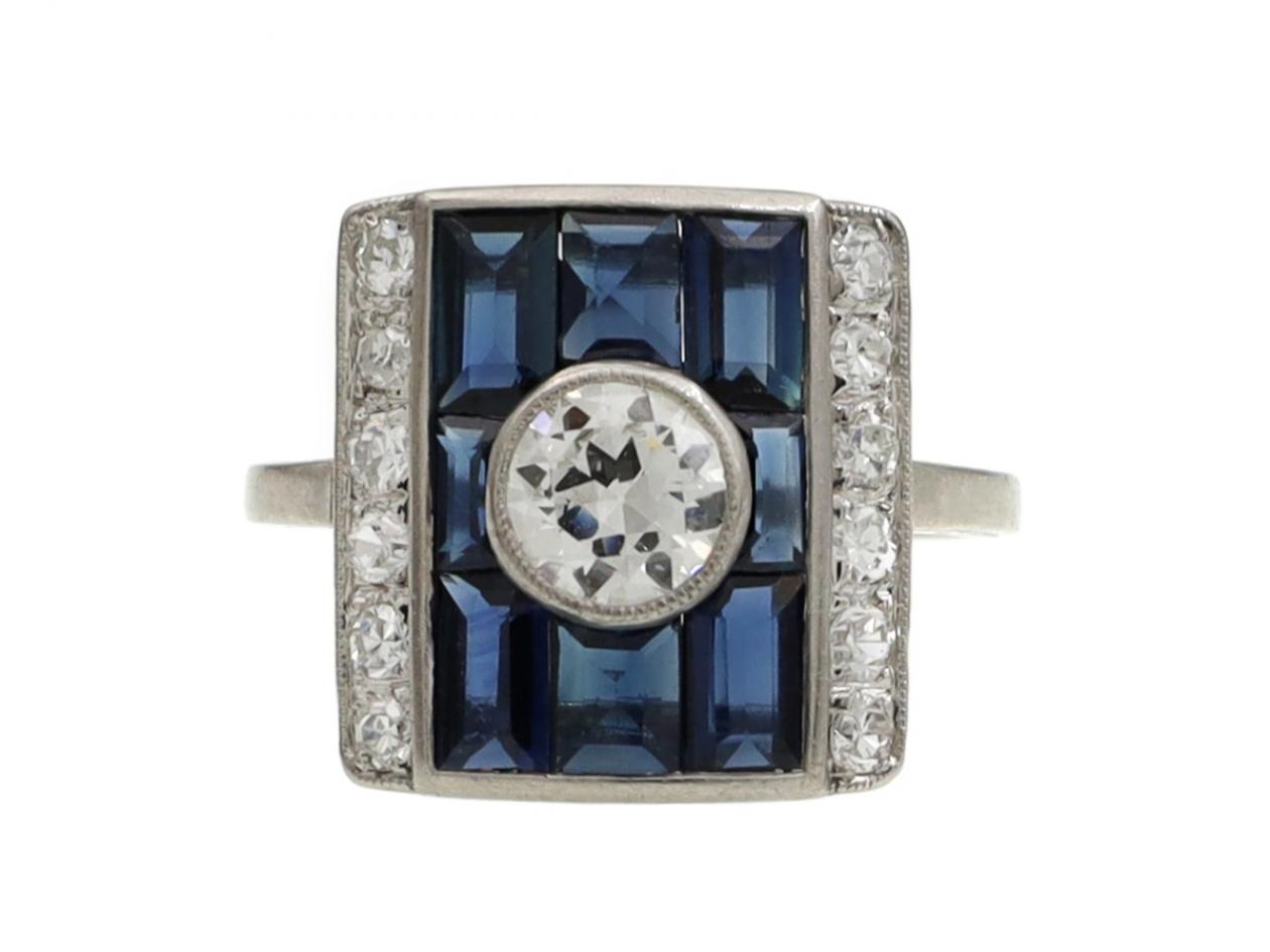Art Deco diamond and sapphire rectangular target plaque ring in platinum