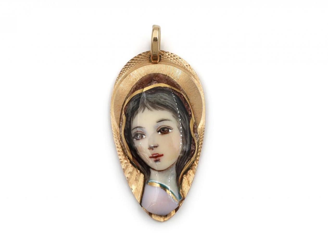 Retro fine enamel 'Holy Virgin' 18kt yellow gold pendeloque shape pendant