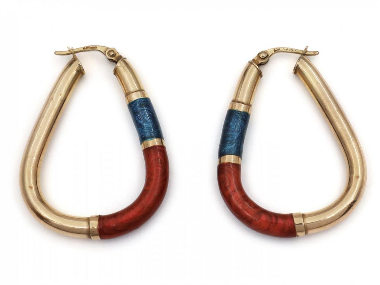 Vintage Pendeloque Hoop Earrings with Teal & Maroon Enamel
