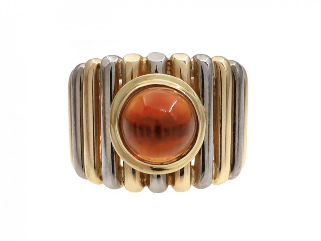 Vintage Citrine Cabochon & Two Tone Linear 18kt Gold Ring