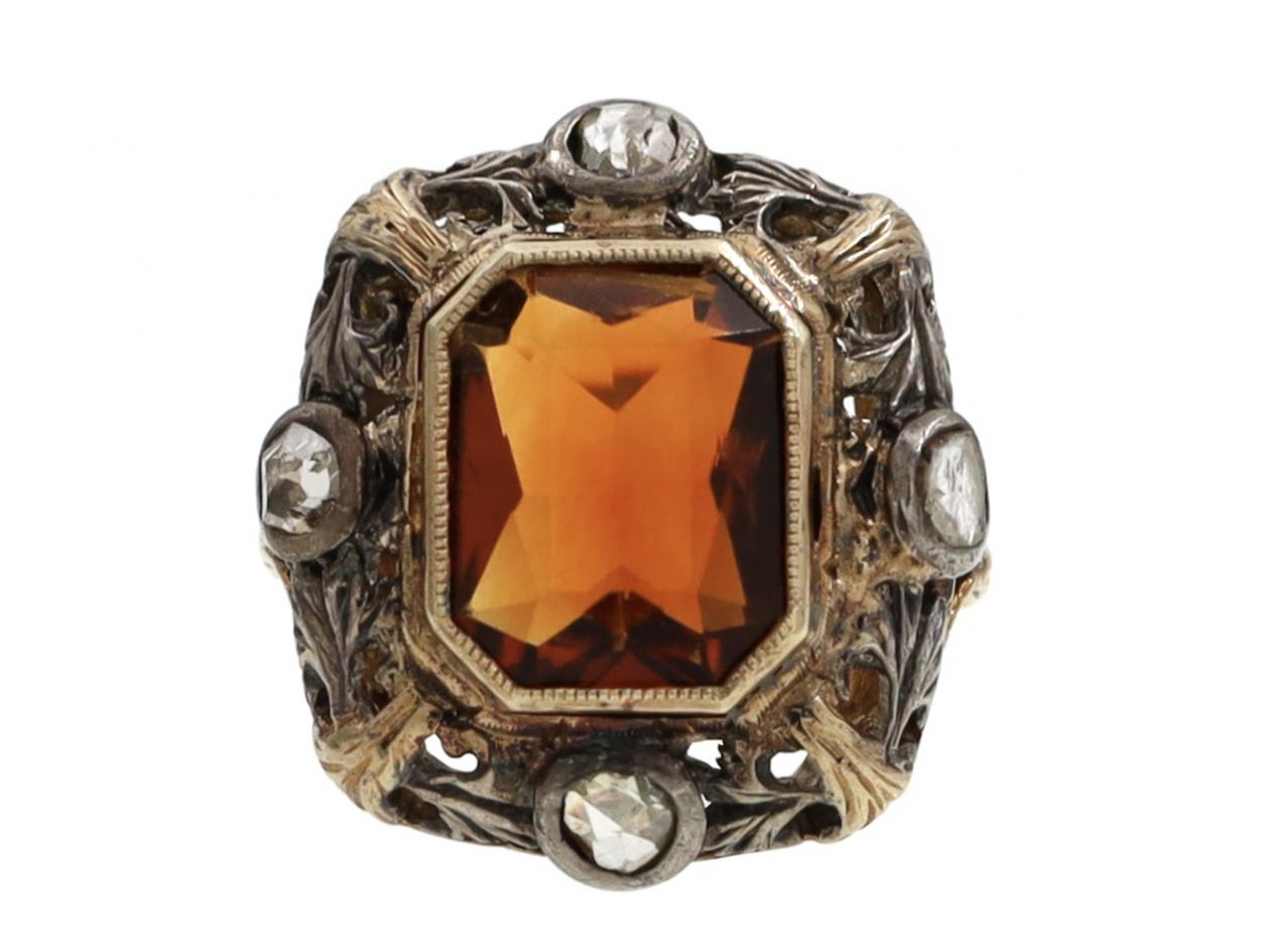 Vintage Topaz & Diamond Ring in Silver & Yellow Gold