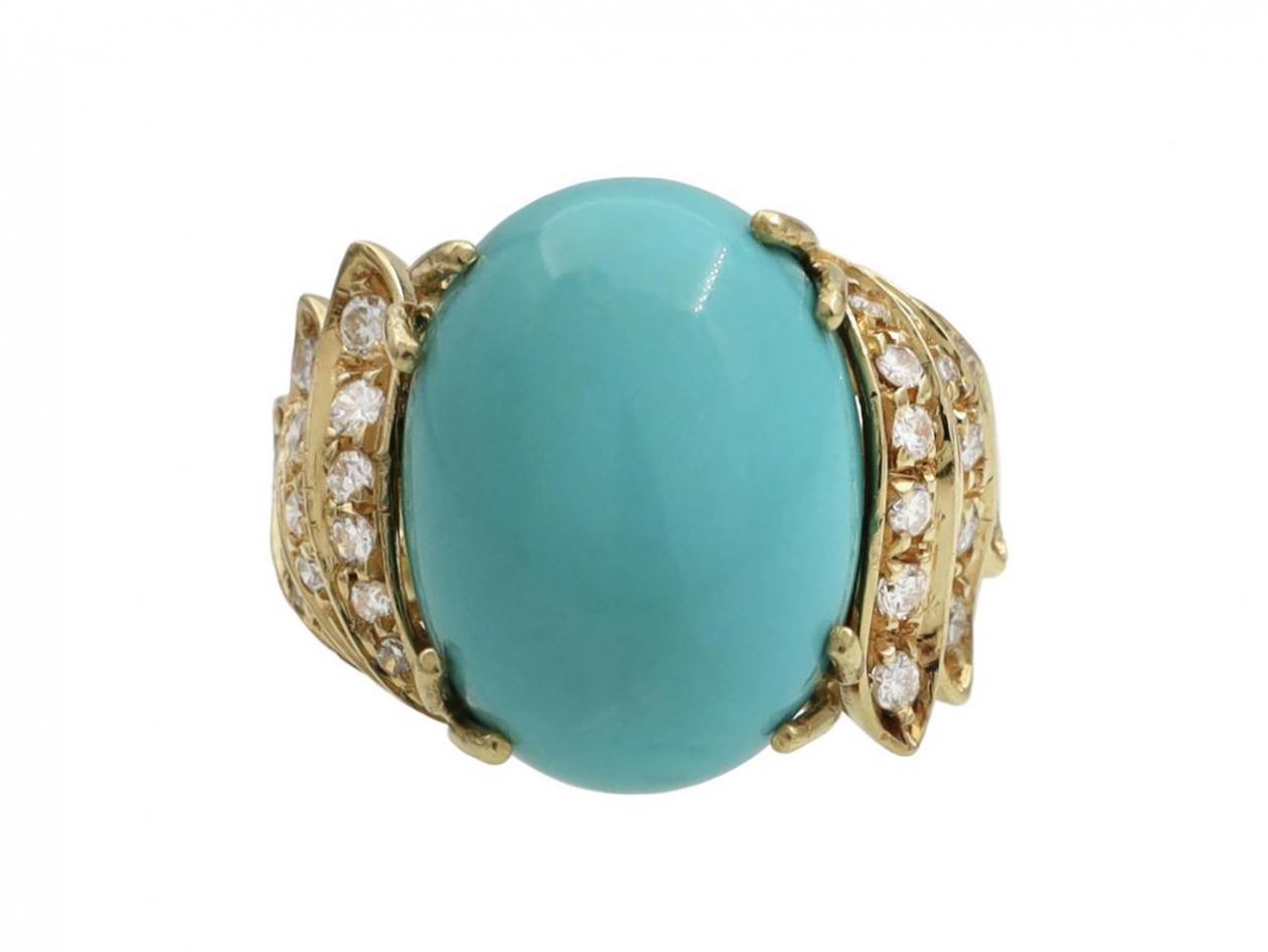 Vintage Turquoise & Diamond Flare Dress Ring in 18kt Yellow Gold