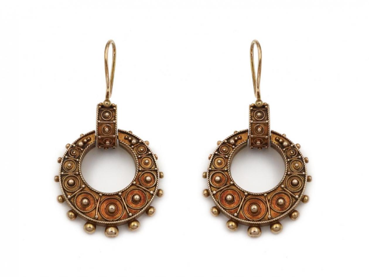 Victorian yellow gold hollow open hoop drop earrings