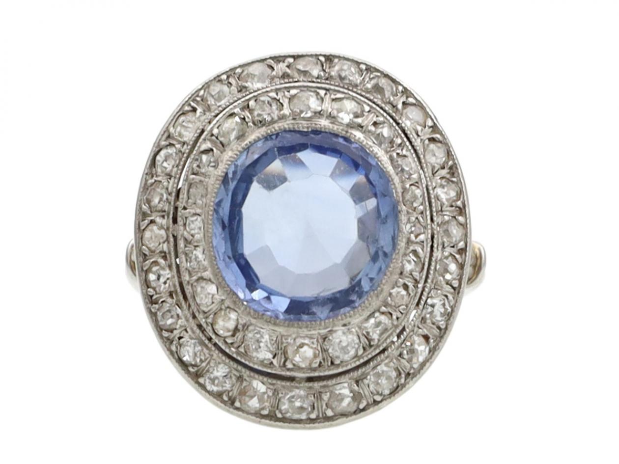 French Art Deco Ceylon sapphire and diamond double row cluster ring