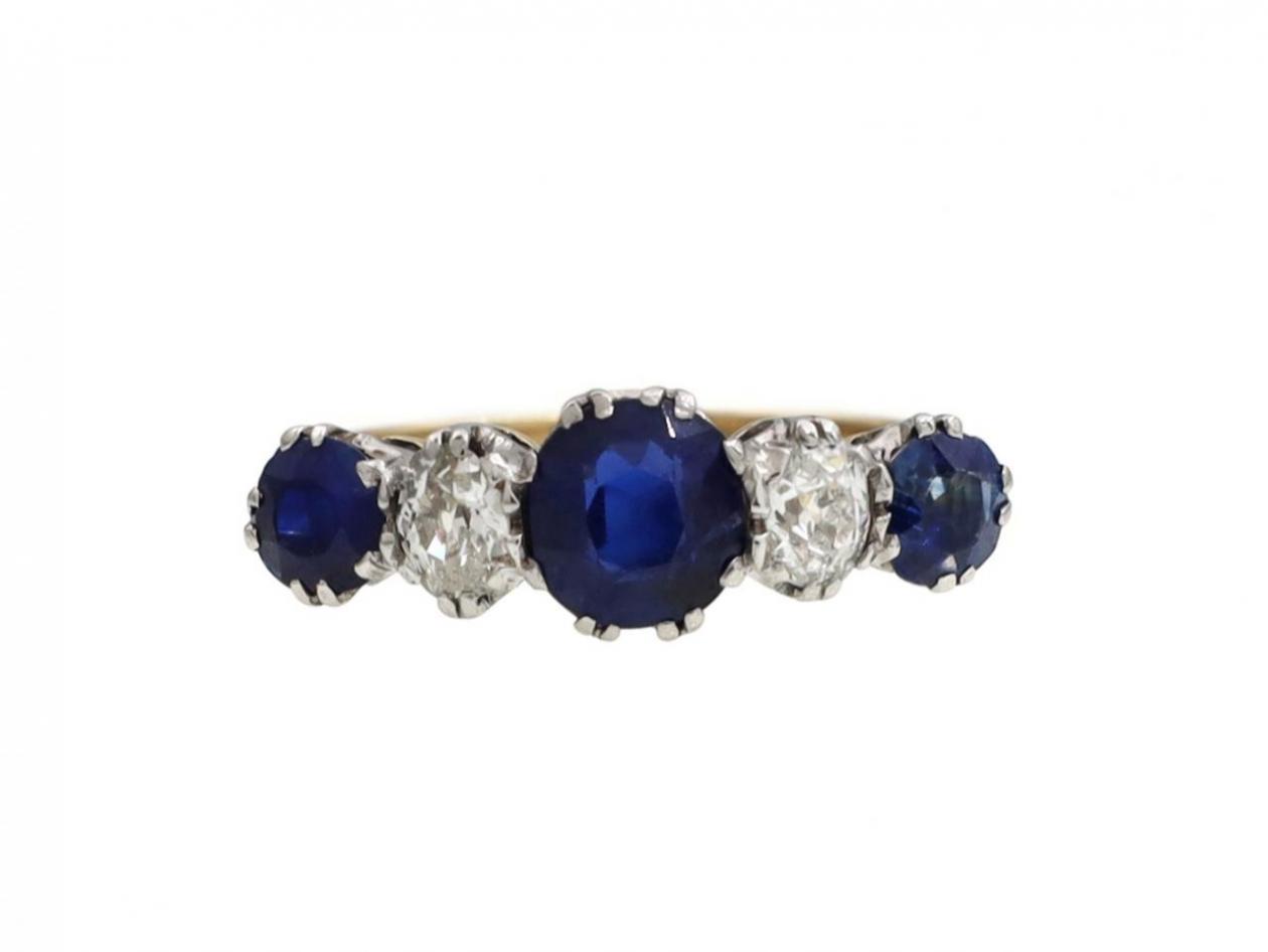 Edwardian sapphire and diamond five stone ring in 18kt yellow gold