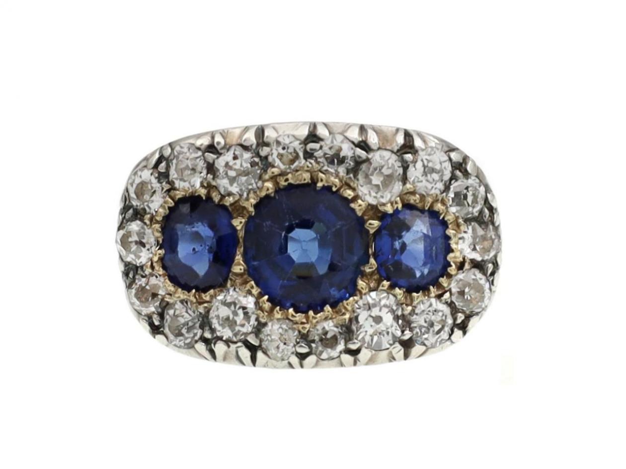Victorian Sapphire & Diamond Three Stone Cluster Ring in 18kt Gold
