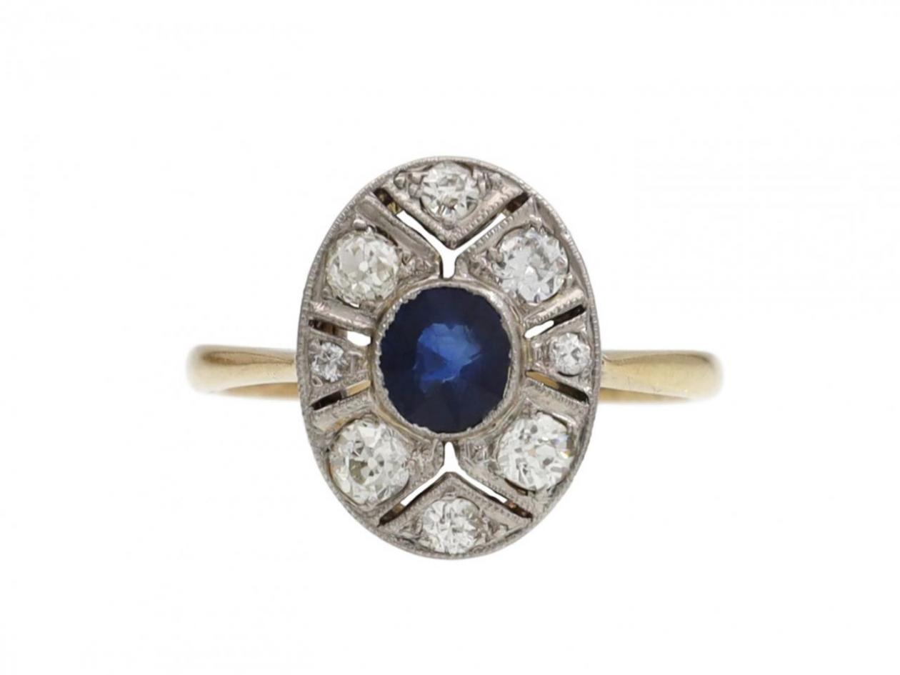 Art Deco sapphire and diamond fancy oval cluster ring