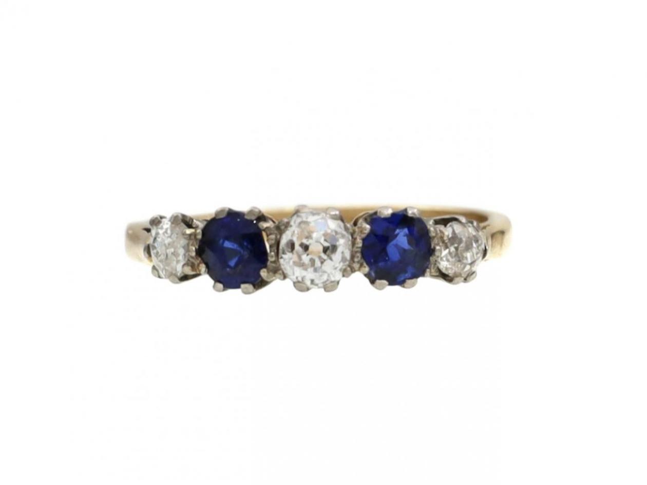 Antique diamond and sapphire five stone ring in 18kt yellow gold