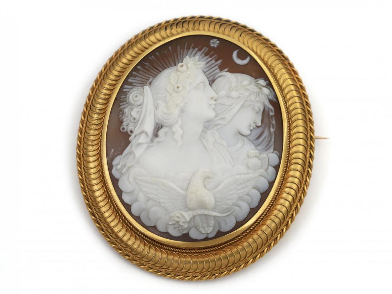 Victorian shell cameo brooch depicting the goddesses Tykhe and Nemesis