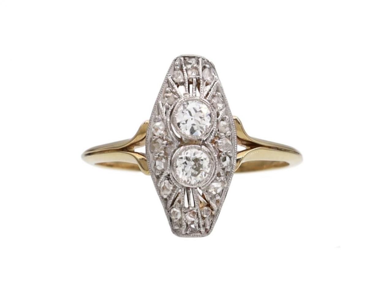 Art Deco diamond marquise shape plaque ring in 18kt yellow gold