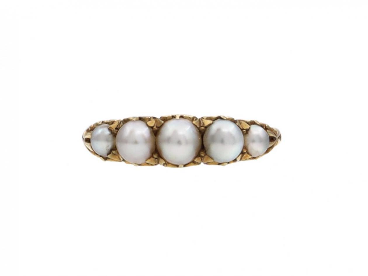 Antique natural pearl five stone carved ring in 18kt gold