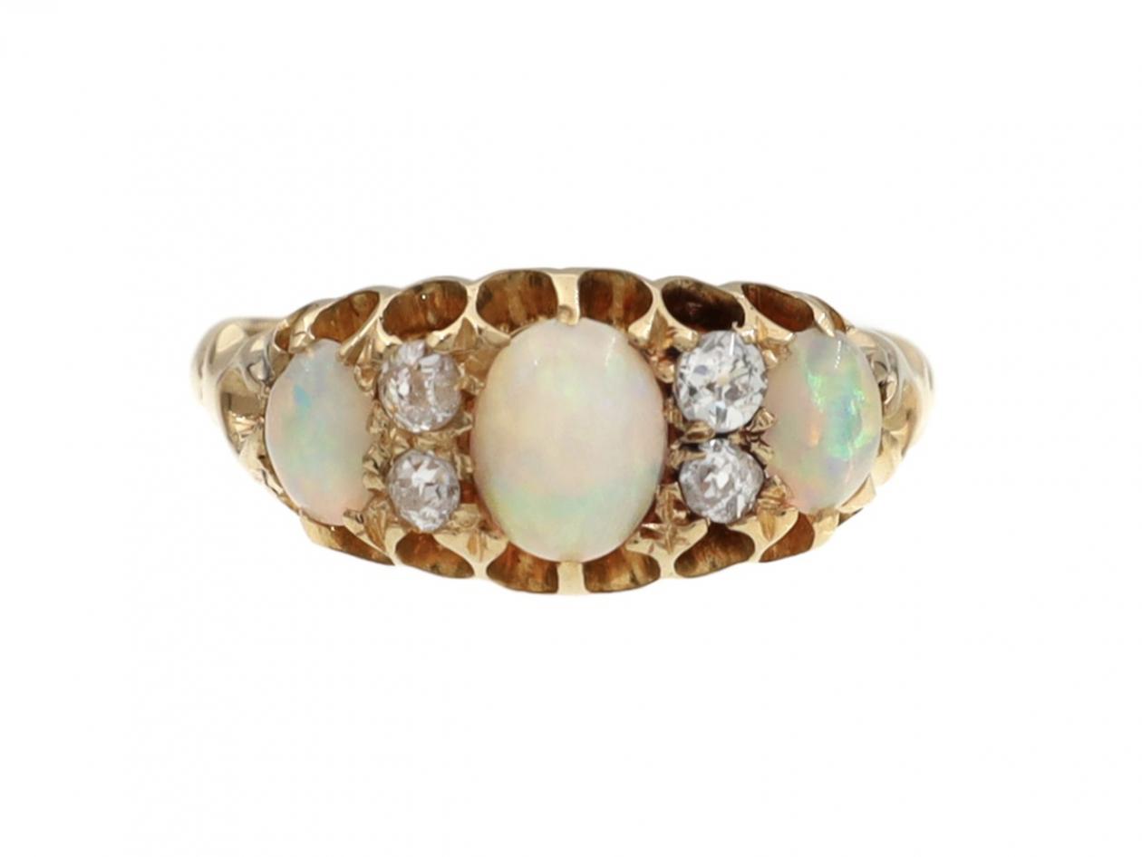 Antique Opal & Diamond Three Stone Carved Ring in 18kt Gold