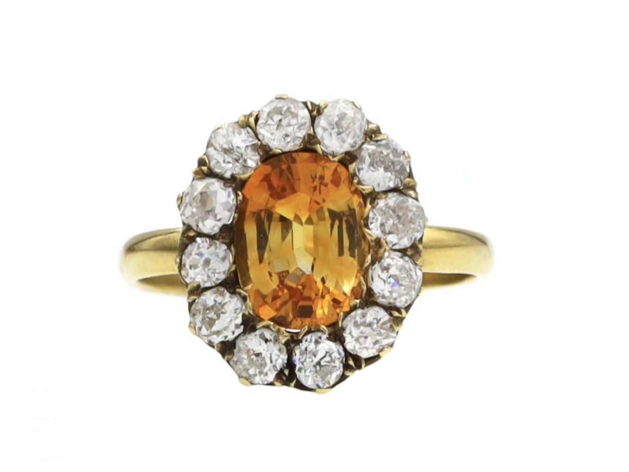 Vintage Oval fancy yellow sapphire and diamond coronet cluster ring