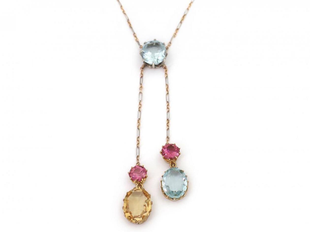 Edwardian Aquamarine, Pink tourmaline & Yellow Topaz Negligée Necklace