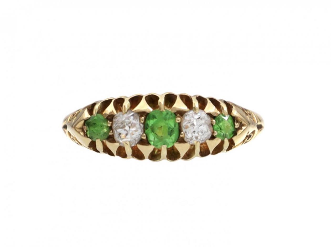 1902 Demantoid Garnet & Diamond Five Stone Carved Ring