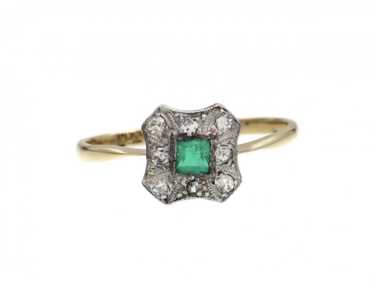 Edwardian emerald and diamond truncated square cluster ring