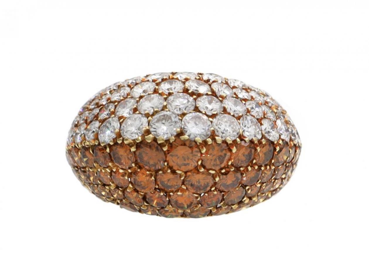 Cognac diamond and diamond bombe cluster ring 18kt yellow gold