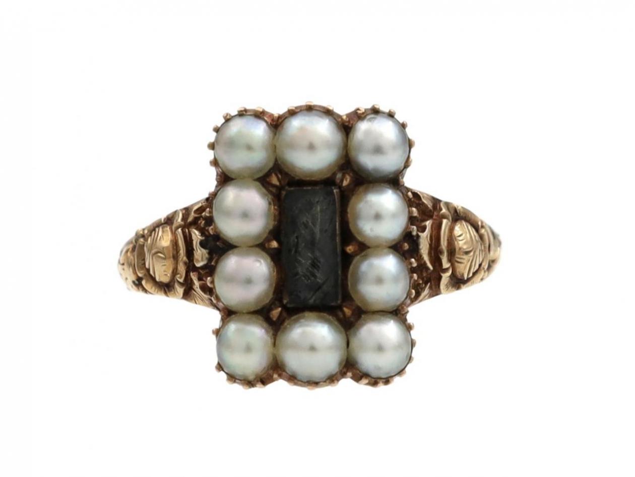 Georgian Hair and Seed Pearl Mourning Ring Yellow Gold