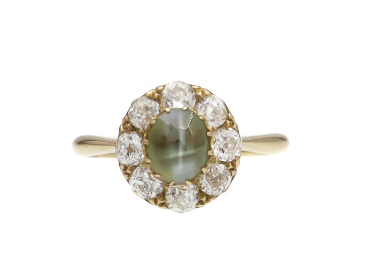 Victorian cat's eye chrysoberyl and diamond circular cluster ring