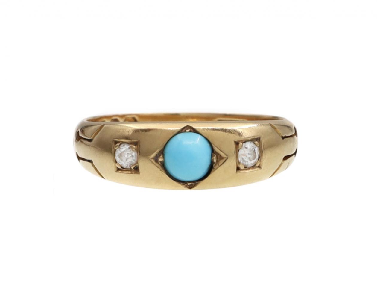 1897 Turquoise & Diamond Three Stone Gypsy Ring