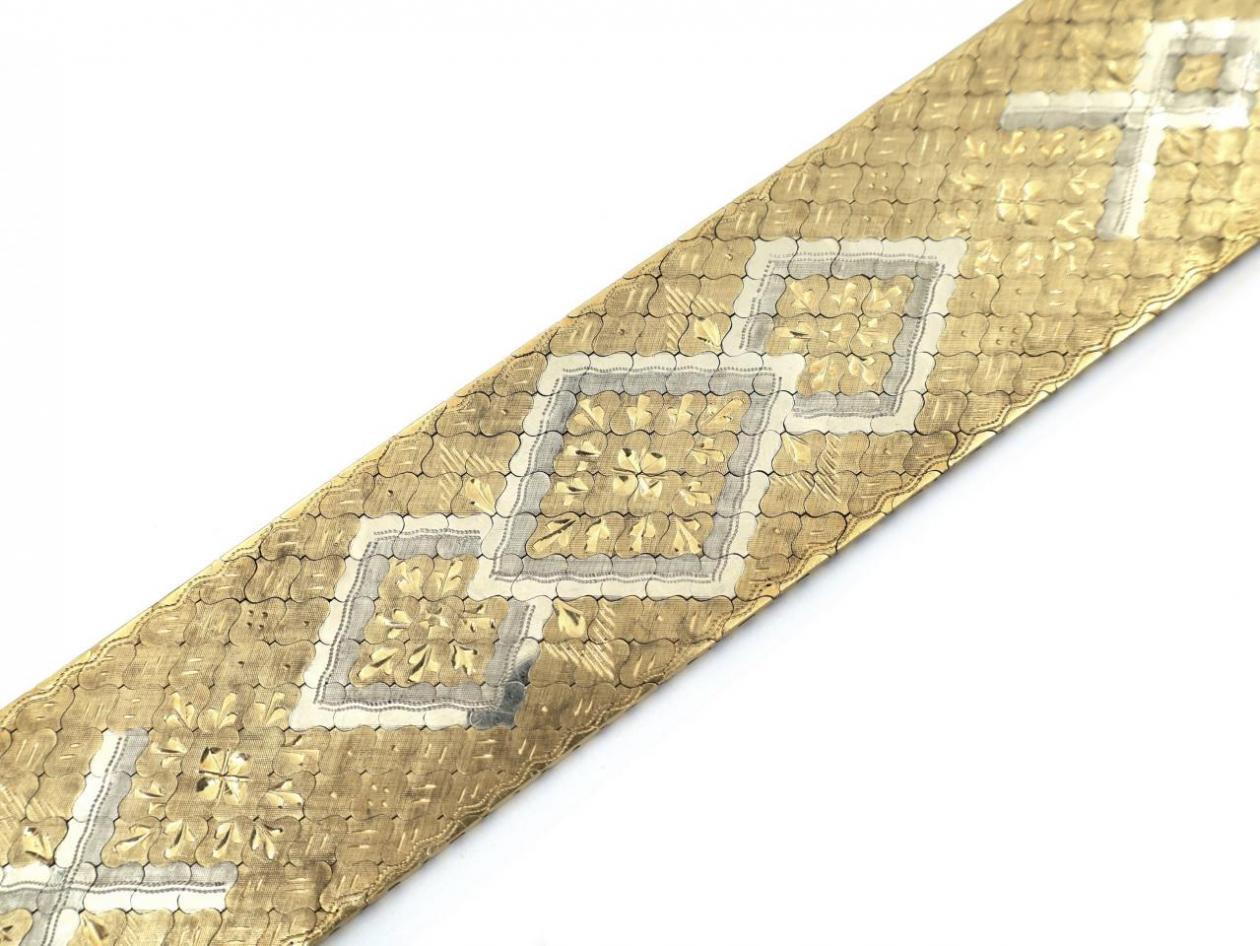 Retro wide brushed panel bracelet in 18kt white and yellow gold