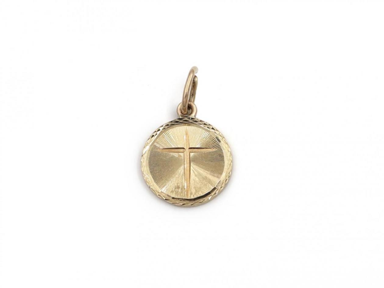 Vintage extra small circular disk pendant with cross in gold